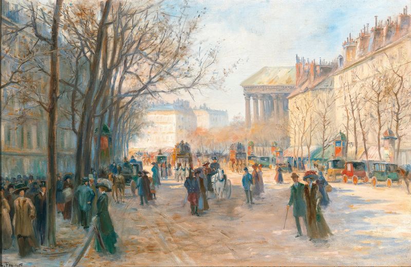 Cena de gênero representando flaneurs em Paris ao pôr do sol, pintura a óleo de Georges Fraipont