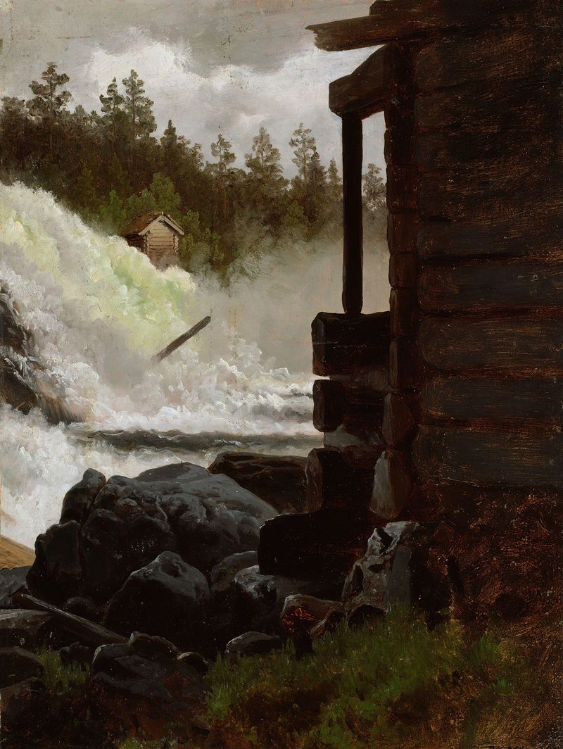 A Waterfall de Adolph Tidemand, pintura a óleo que mostra uma cascata sobre rochas.