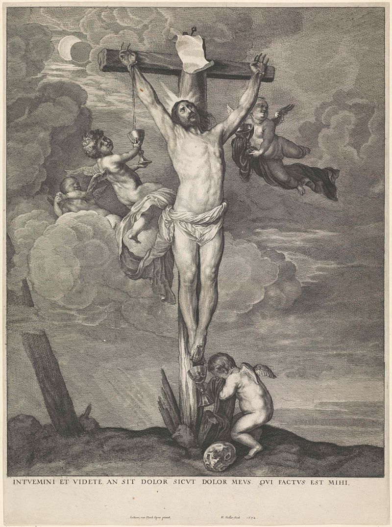 Gravura de Wenceslaus Hollar mostrando Cristo na cruz com anjos