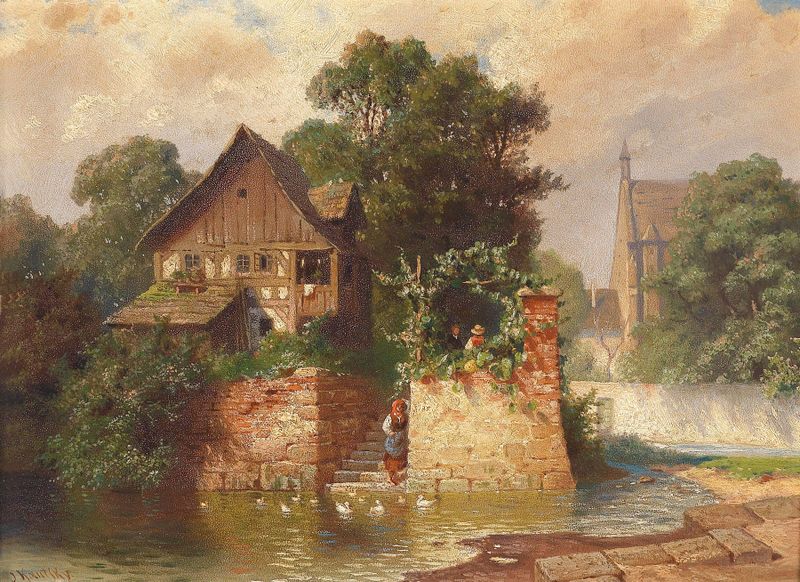 Lush greenery and tranquil landscape in oil painting by Johann Kautsky