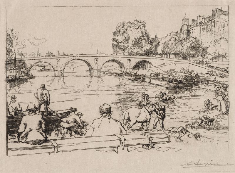 L’Abreuvoir at Pont Marie de Auguste Louis Lepère, paisagem impressionista com figuras ao lado do rio