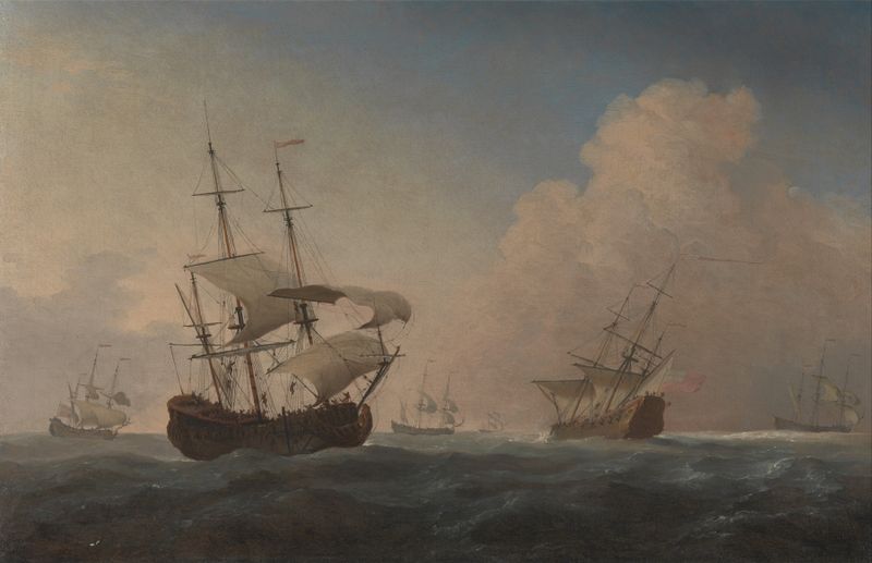 Escena marina con barcos navegando, pintura al óleo de Willem van de Velde el Joven