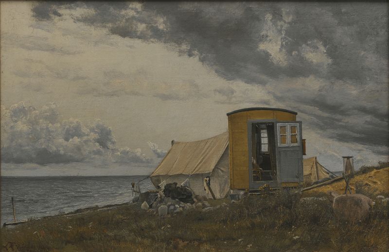 Oil on canvas by Laurits Andersen Ring depicting a shore with a wagon and tent.