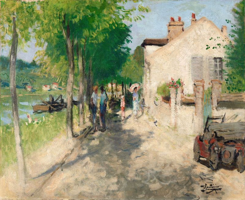 Paisaje con un río y un muelle bajo un cielo pastel de Pierre-Eugène Montézin, óleo