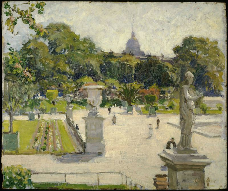 Luxembourg Gardens pintura a óleo de George Oberteuffer mostrando um casal e crianças sob a luz do sol
