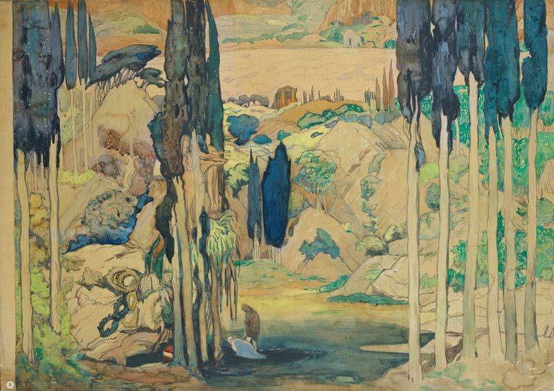 Stage design for ‘Daphnis et Chloé’ by Léon Bakst, 1912, featuring vibrant colors and theatrical design.