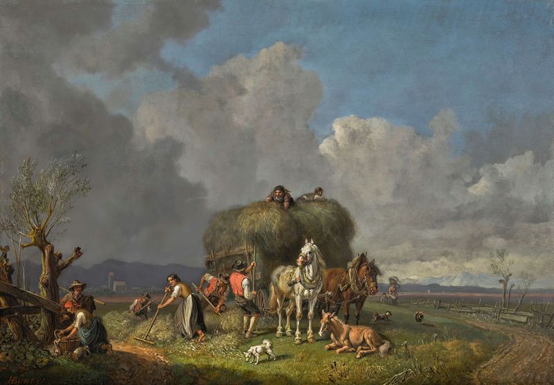 The Hay Harvest by Heinrich Bürkel, genre scene depicting figures harvesting in a landscape