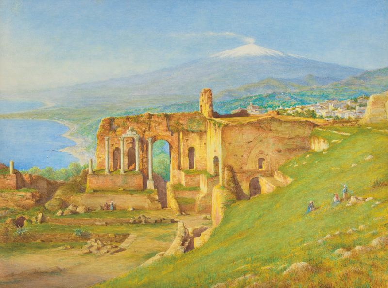 Landscape of Mount Etna at sunset, oil painting by Henry Wallis
