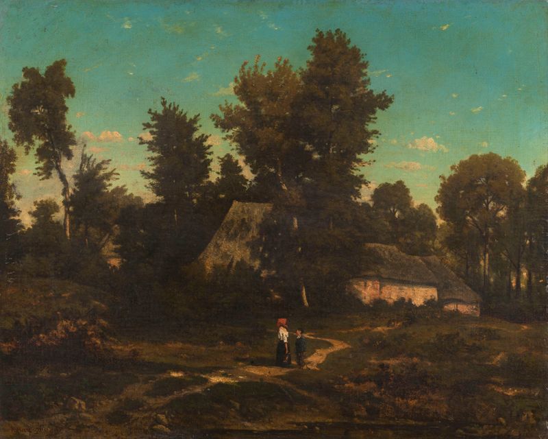 Pintura a óleo de paisagem por Henri-Joseph Harpignies com cottages e árvores