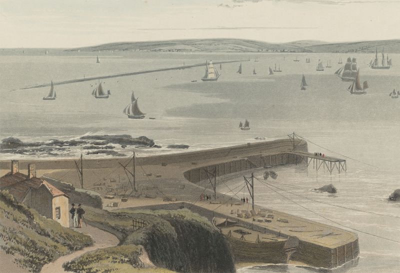 Quay at Straddon Point Near Plymouth, óleo sobre tela de William Daniell, retratando uma costa tranquila e ondas.