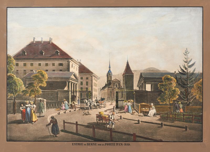 Pintura al óleo de paisaje de Gabriel Lory el mayor con una puerta y colinas.