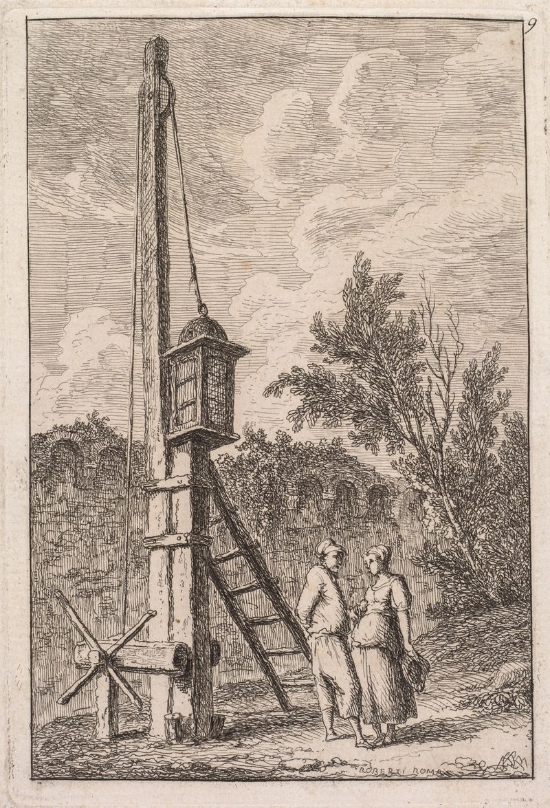 Paisaje con un poste de madera, pintura al óleo de Hubert Robert