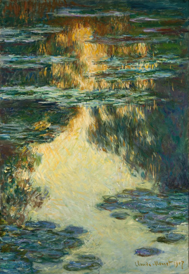 Water Lilies by Claude Monet, oil painting depicting lush water lilies and reflections on water.