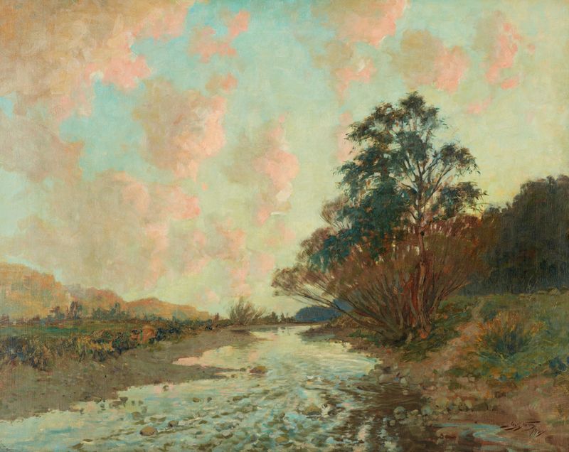 Paisagem Hutt River de James Nairn, pintura a óleo mostrando águas calmas e margens exuberantes.