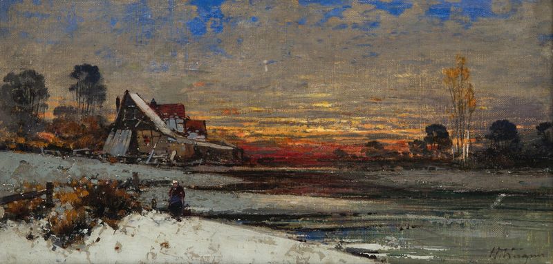 Winter Sunset by Georg Fischhof, oil painting depicting a winter landscape with glowing light.