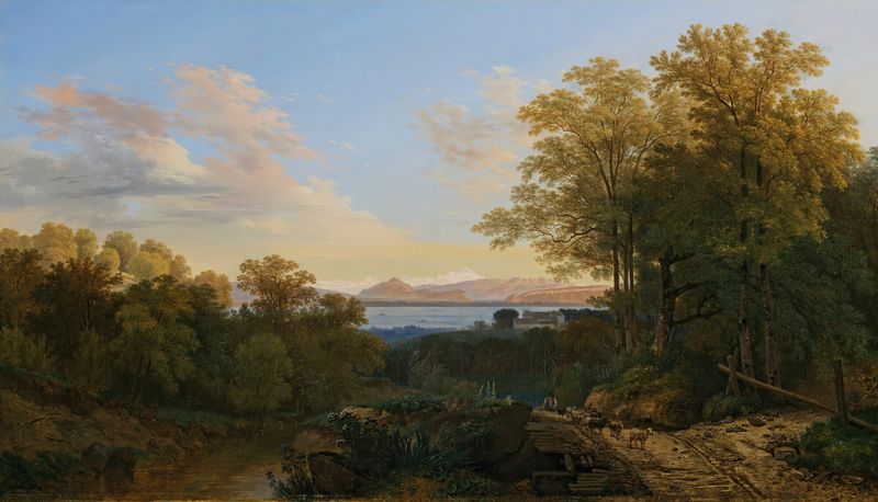 Landscape featuring Lake Geneva and Mont-Blanc by Wolfgang Adam Töpffer, oil painting.