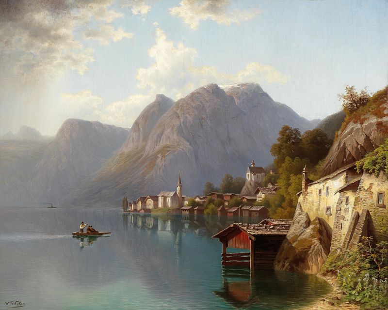 View of Hallstatt by Theodor Nocken, depicting a tranquil landscape with lake and mountains, oil painting.