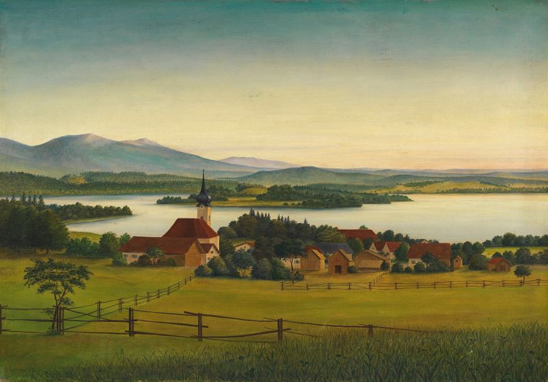Pintura al óleo de expresión por Georg Schrimpf, que muestra un lago brillante y un cielo etéreo.