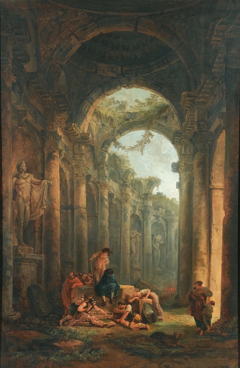 Ruínas clássicas com soldados jogando, óleo sobre tela de Hubert Robert