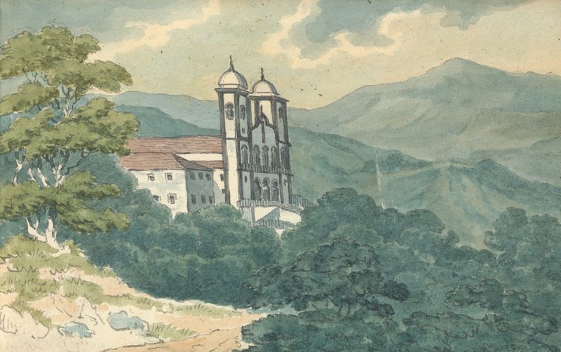 Villa in the Mountains by Thomas Bradshaw, oil painting depicting a serene landscape with a rustic villa and mountains.