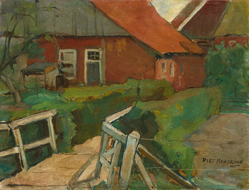 Farm Building With Bridge de Piet Mondrian, óleo de una estructura agrícola geométrica en un paisaje.