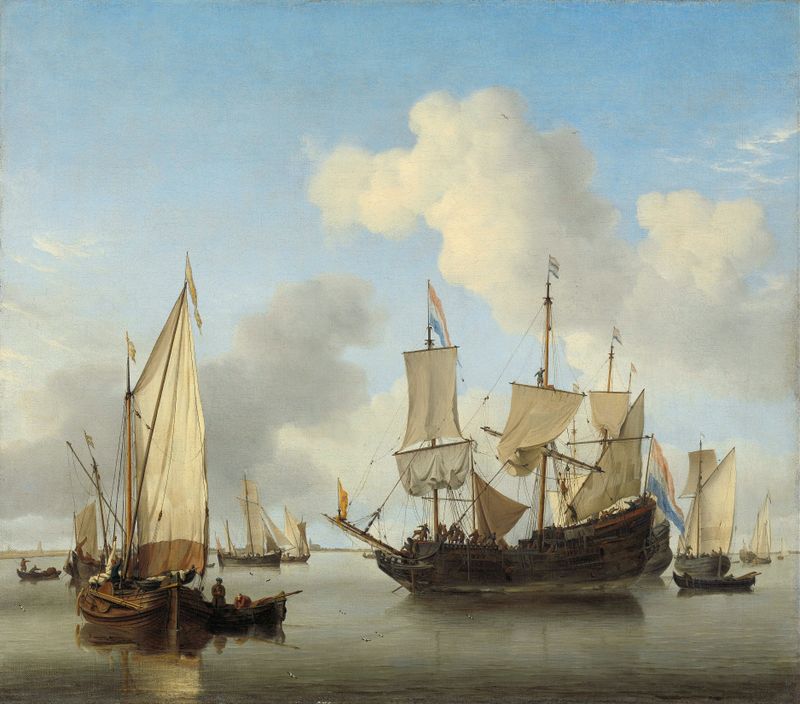 Ships at Anchor on the Coast, pintura al óleo de Willem van de Velde el Joven