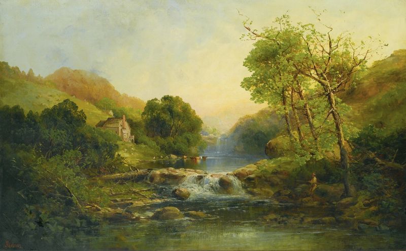 A River in Summer de Andrew Melrose, paisaje impresionista con río brillante y luz filtrada.