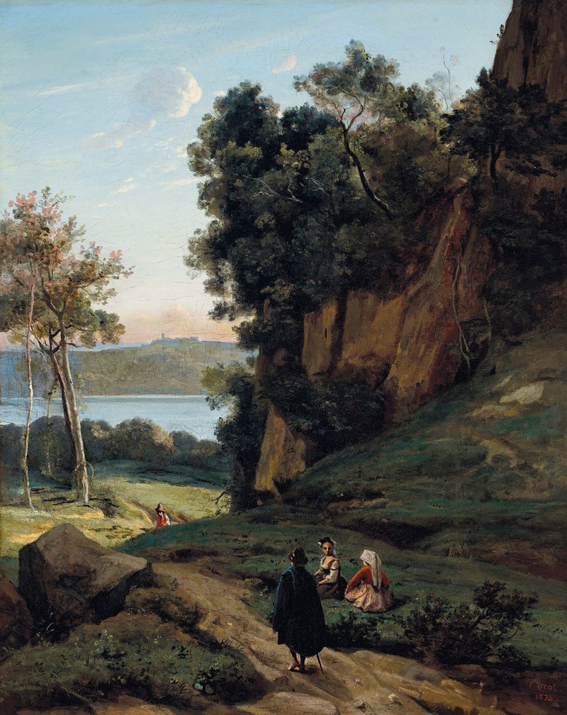 Pintura paisajística al óleo de Jean-Baptiste-Camille Corot con colinas y vegetación.