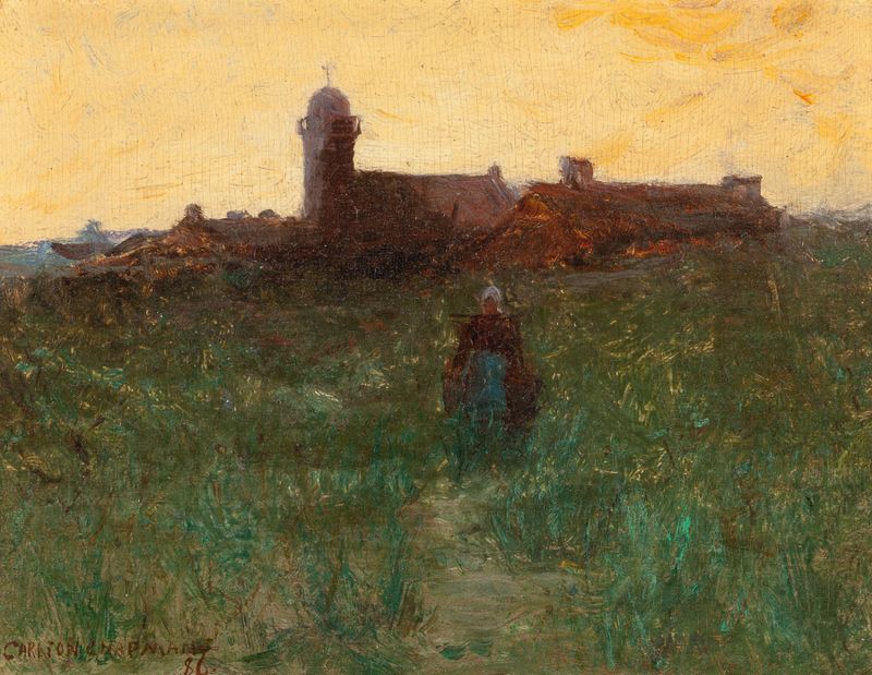 Sundown de Carlton Theodore Chapman, pintura al óleo que representa un atardecer sobre un paisaje tranquilo.