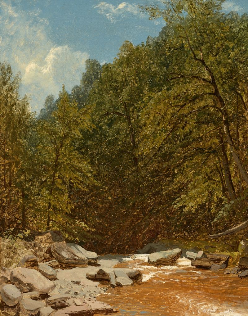 Rocks and Brook in the Catskills de Sanford Robinson Gifford, óleo sobre lienzo que representa un río y un bosque tranquilos.