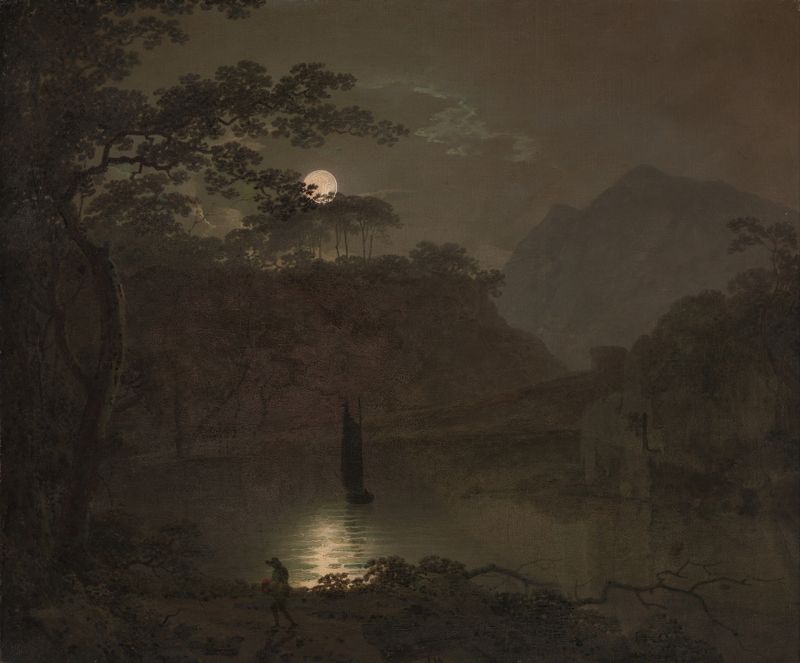 A Lake by Moonlight, pintura al óleo de Joseph Wright of Derby, que representa un lago sereno bajo la luz de la luna.