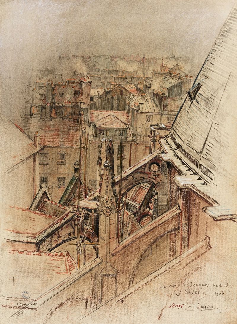 Rue Saint Jacques, 1906 de Charles Jouas, que representa una calle de París con luz solar y adoquines.