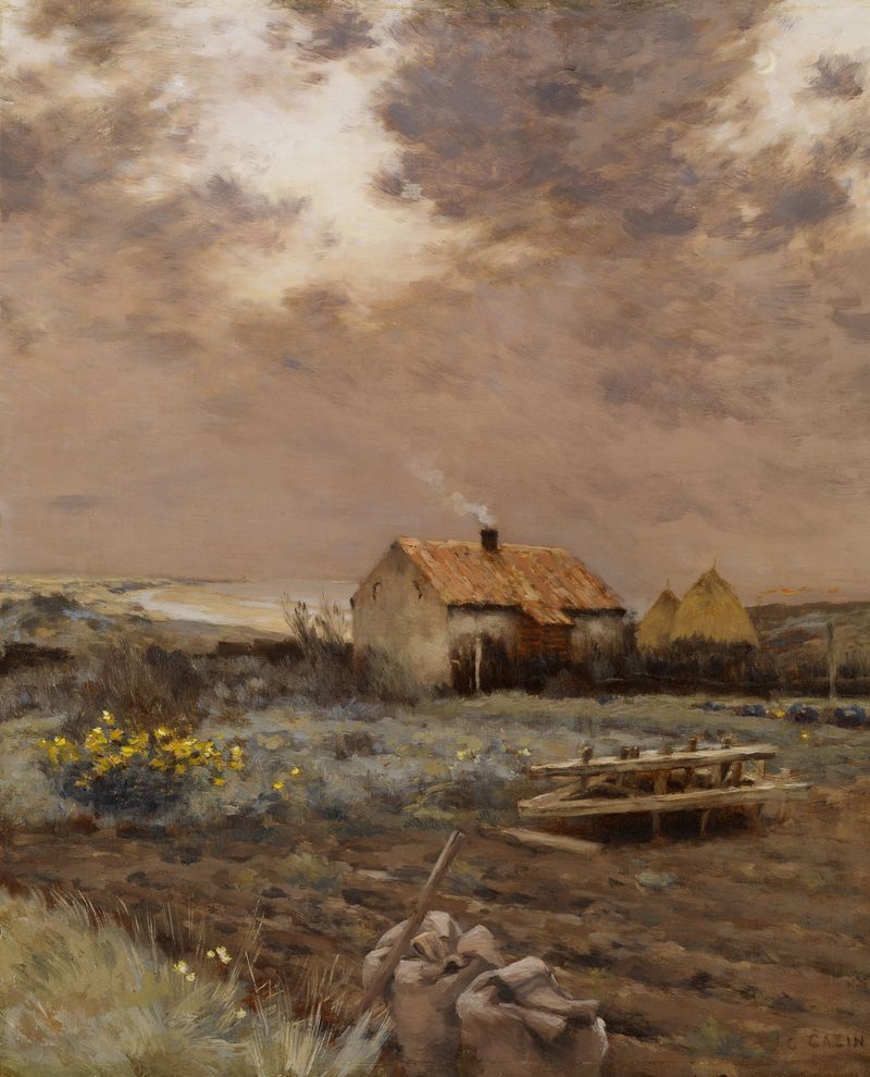 Paisaje de Jean Charles Cazin, pintura al óleo que representa colinas y un atardecer