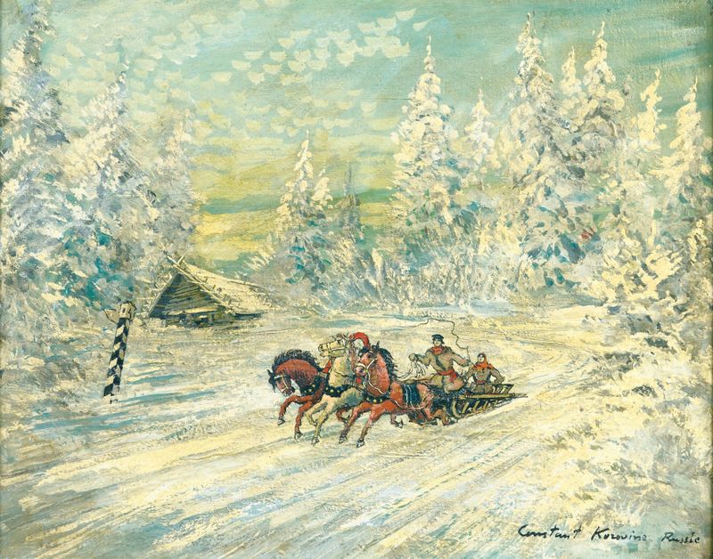 Troïka dans la neige by Konstantin Alexeevich Korovin, oil painting of horses galloping through snow.