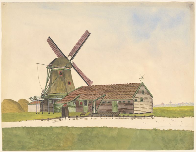 Paisagem com um moinho de vento e guindaste, óleo sobre tela de Johannes Nicolaas Eijman