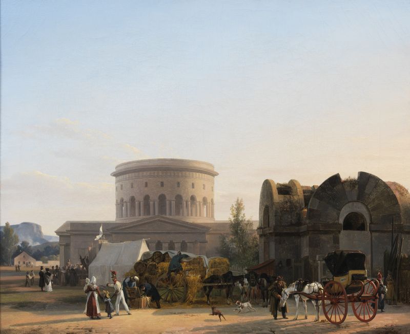 At Barrière de la Villette, Paris by Auguste Xavier Leprince, oil on canvas depicting a lively crowd.