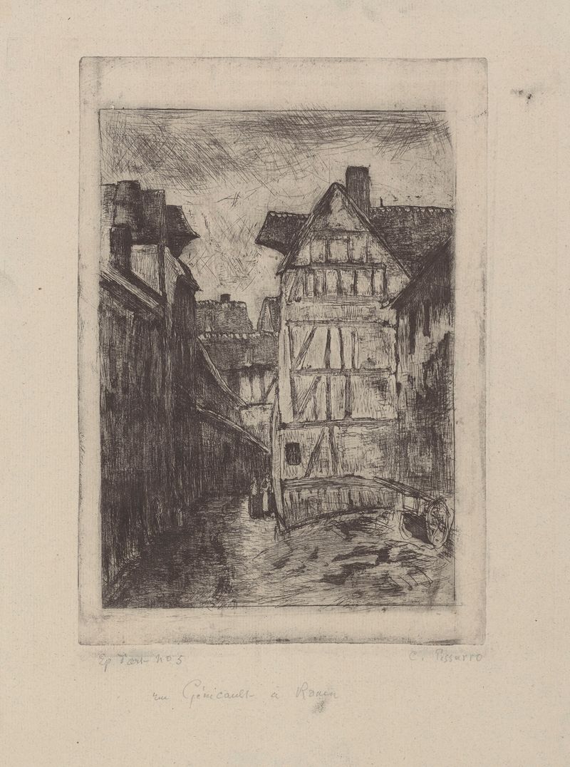 Rue Géricault, à Rouen de Camille Pissarro, pintura a óleo que retrata uma rua ensolarada