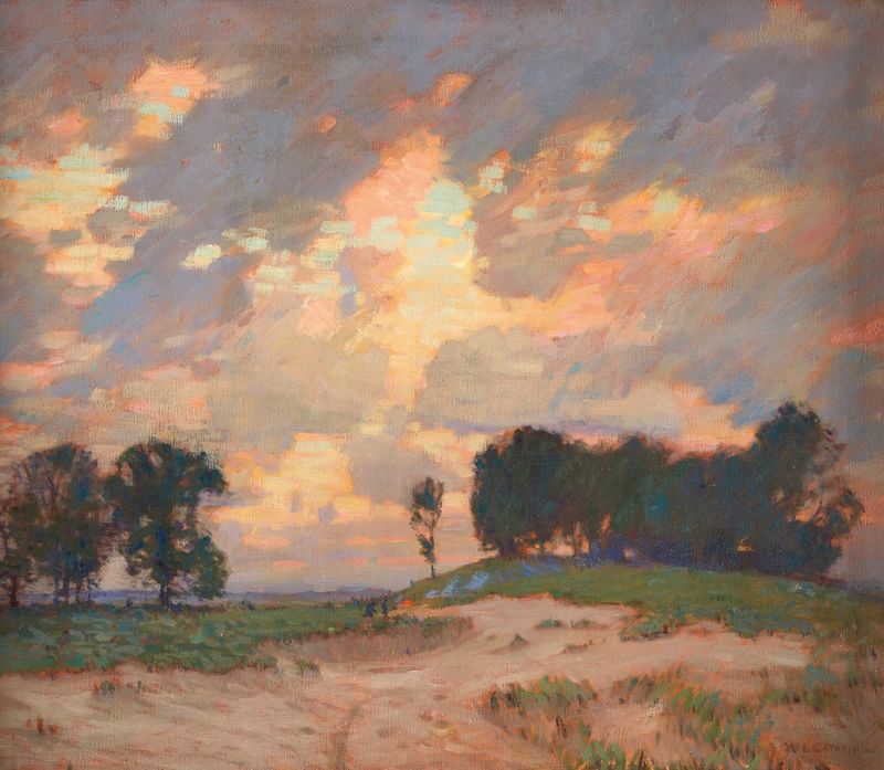 Oil painting by William Langson Lathrop depicting a bonfire with figures in warm light.