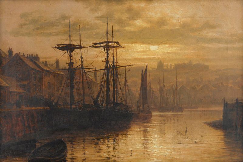 Whitby de Louis Grimshaw, óleo que muestra acantilados y agua al atardecer.