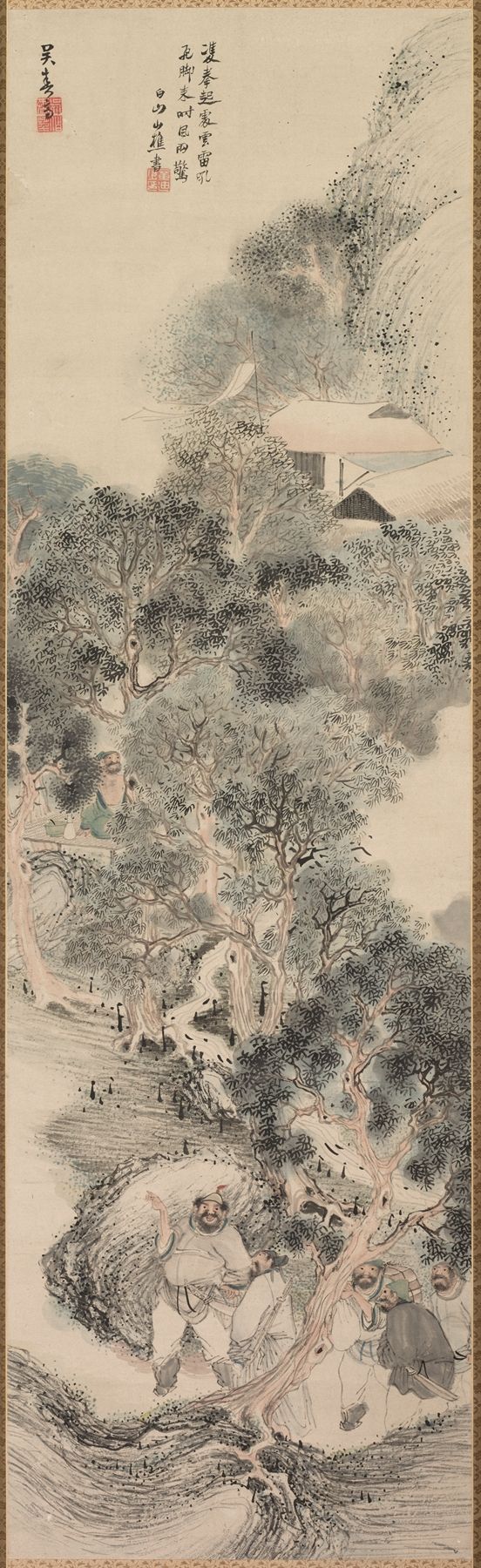 Obra en tinta sobre papel de Matsumura Goshun que muestra figuras animadas en conversación.