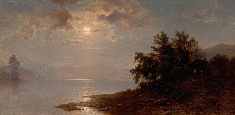 Moonlit Lake, White Mountains by Hermann Fuechsel, oil on canvas depicting a tranquil lake at night.