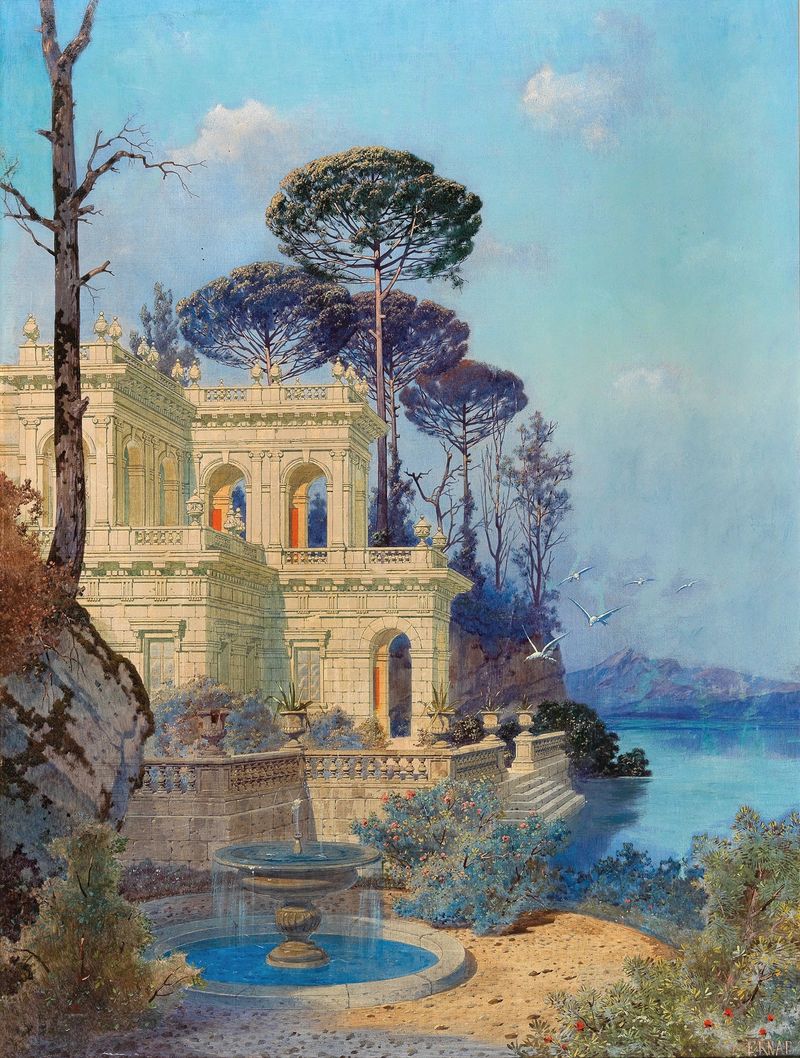 Villa, a Fountain by the Lake in the foreground by Ferdinand Knab, oil painting depicting a serene landscape.