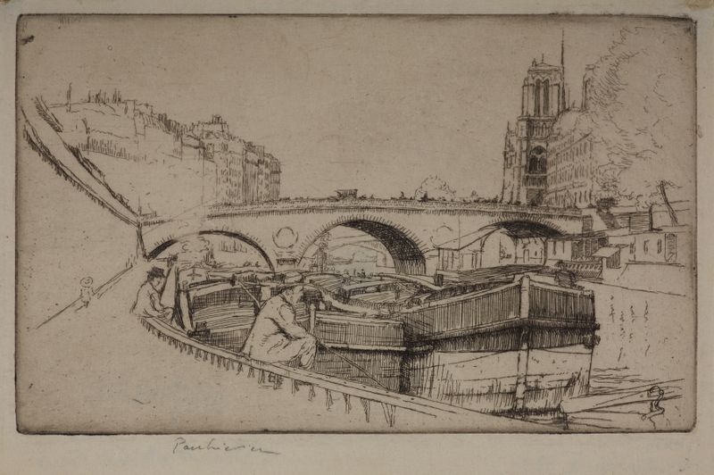 St Michel bridge in Paris de Józef Pankiewicz, pintura a óleo que retrata uma ponte sobre um rio.