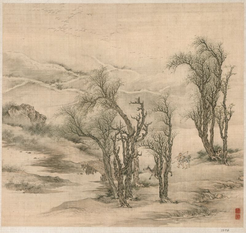 Returning Peasants in a Spring Evening, óleo sobre tela de Tao Hong, retratando camponeses em uma paisagem vibrante de pri...