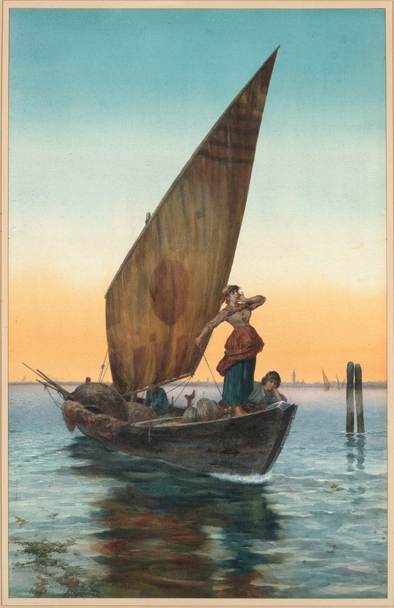 El Gran Canal, Venecia de Pietro Gabrini, óleo sobre lienzo que muestra agua tranquila al atardecer.