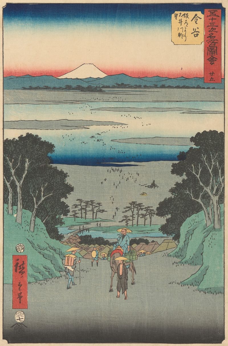 Impressão Ukiyo-e de Utagawa Hiroshige mostrando uma figura à beira da água ao pôr do sol