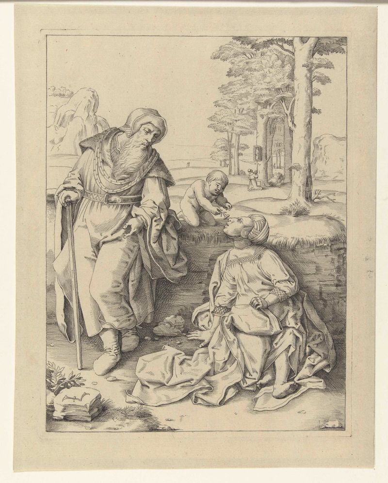 De heilige familie de Hendrick Hondius, meio papel, retratando a Sagrada Família em luz quente.