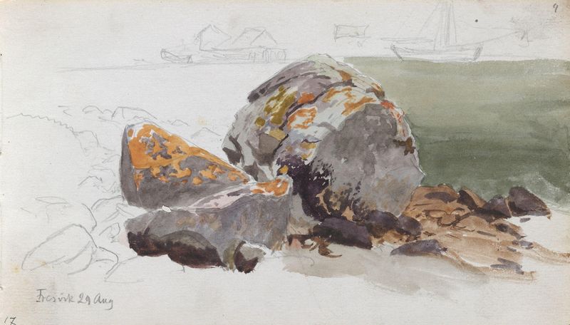 Paisagem de Hans Gude, retratando um pôr do sol sobre águas tranquilas, pintura a óleo