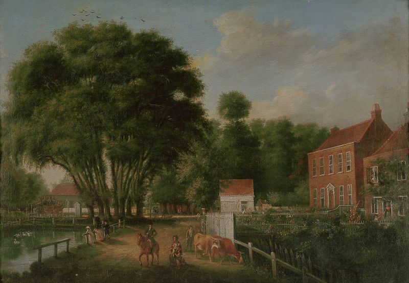 Landscape with figures by John Greenwood, 1790, depicting a pastel sky and serene scenery.