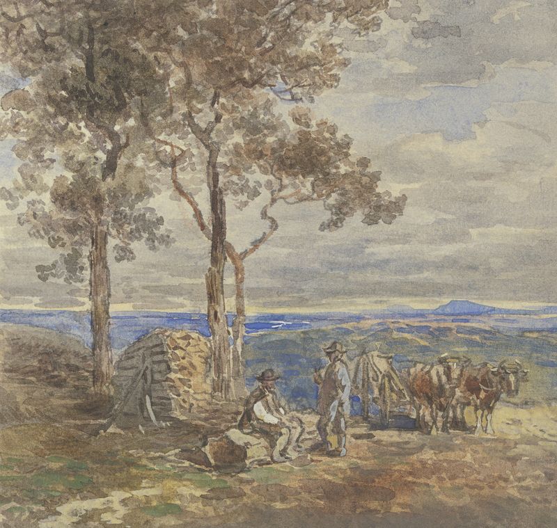 Genre scene depicting farmers with their oxen-drawn cart, oil painting by Anton Burger